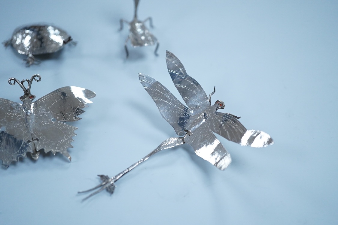 Six Thai or Malaysian white metal models of creatures, to include a Praying Mantis, height 45mm, a tortoise, a dragonfly, a butterfly, a lizard and a beetle.